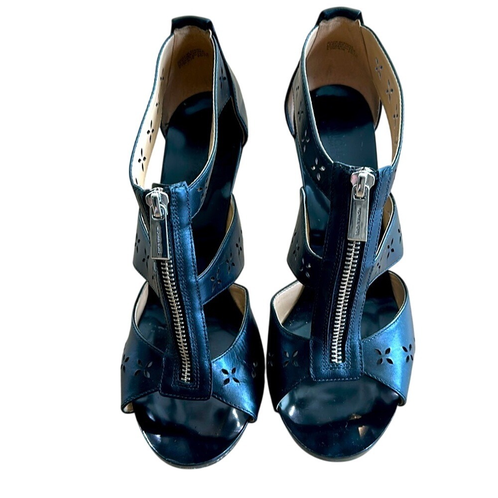 Michael Kors Black Leather Cutout‎ Zipper Peep Toe Heels Size 8.5